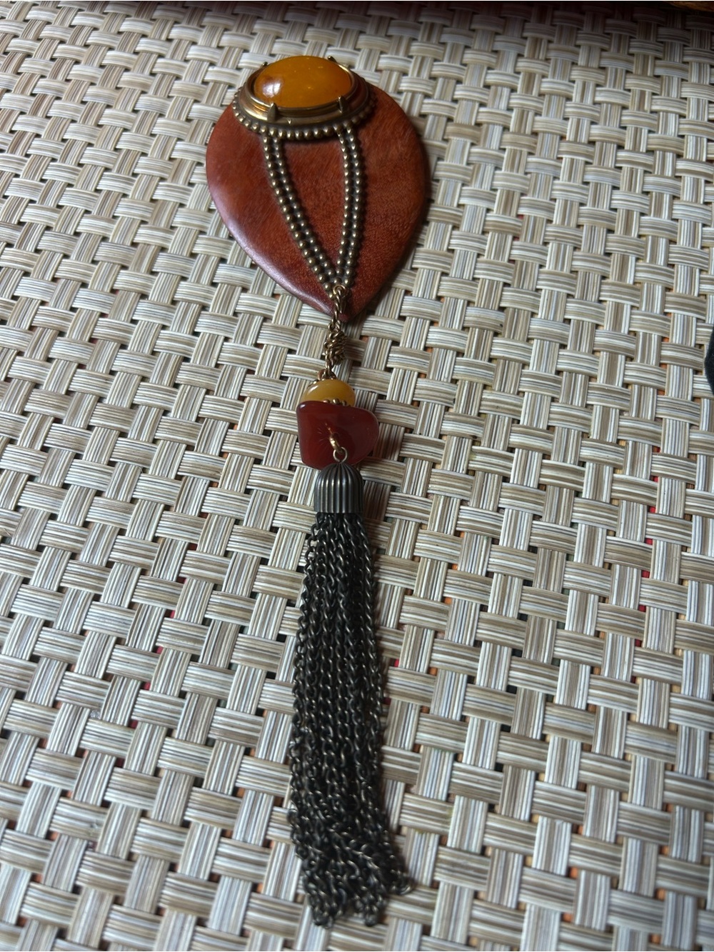 Vintage  Jan Michaels wood, beads and stone teardrop-shaped brooch/pin.